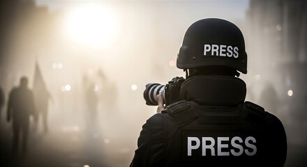 Obraz premium Photojournalist Wearing Press Helmet and Vest Photographing Protest in Smoke
