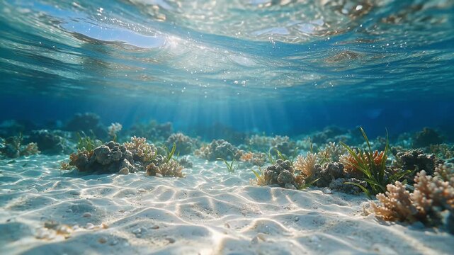 underwater reef with sunlight beams over sandy seabed