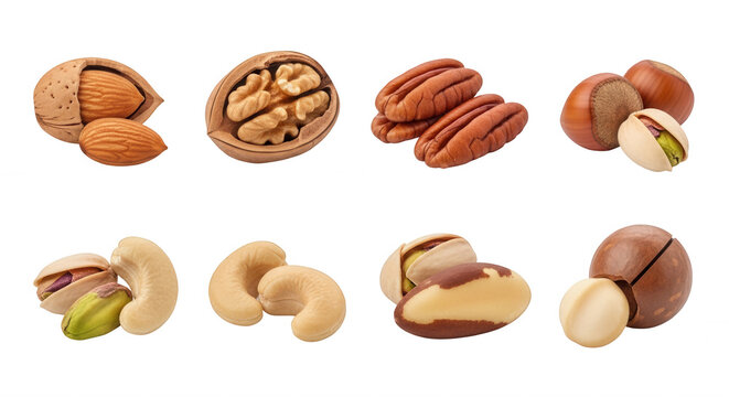 assortment of nuts arranged on a white background dietary healthy eating and food presentation usage