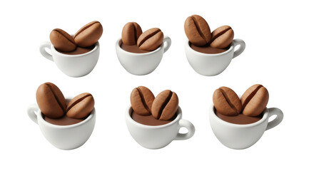 Fototapeta premium artistic coffee beans displayed in miniature white cups on a white background coffee consumption for culinary usage