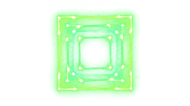 Cross hatched hand drawn concentric square frame with vibrant green electric neon light effect overlay isolated on transparent background