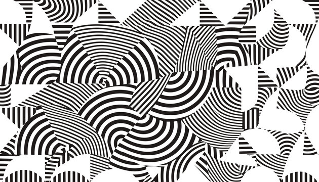 Abstract geometric pattern with black and white stripes, optical illusion shapes