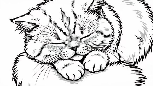 Black and white sketch animation of a sleeping cat curled up, gentle fur texture, peaceful mood, simple line drawing for children's books