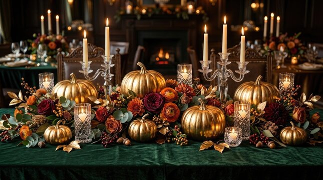 Elegant autumnal dining table decoration with golden pumpkins and candelabras decoration candelabra thanksgiving centerpiece seasonal interior celebration ornament metallic