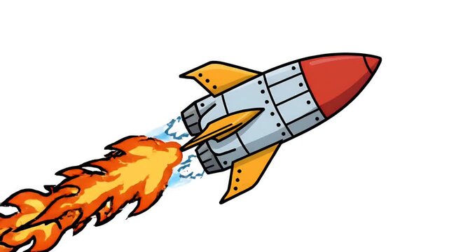 Cartoon rocket ship blasting off with fiery exhaust trail, space exploration and adventure, futuristic travel