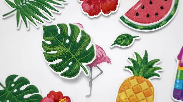 Motion graphic featuring colorful pixel art flamingo, tropical leaves, hibiscus flowers, pineapples, watermelon slices, and rainbow ice pops, summer vacation vibe
