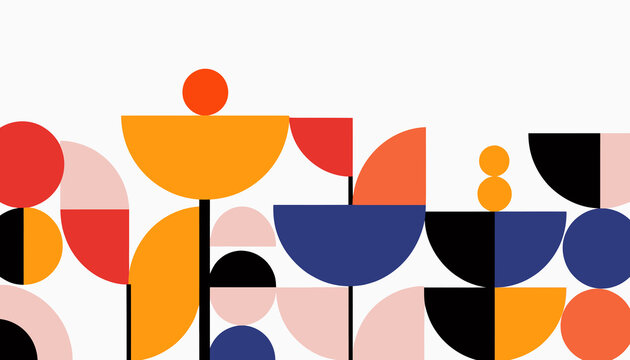 Abstract geometric pattern with circles, semi-circles, and squares in vibrant colors.