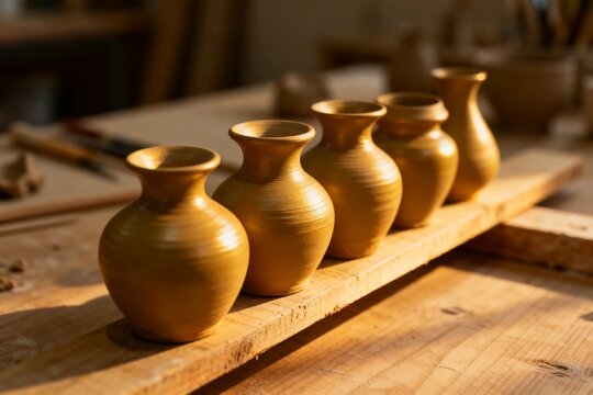 Handcrafted Pottery Vases on Wooden Shelf