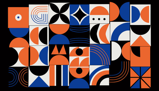 Abstract Geometric Pattern with Circles, Squares, and Arches in Orange, Blue, and Cream