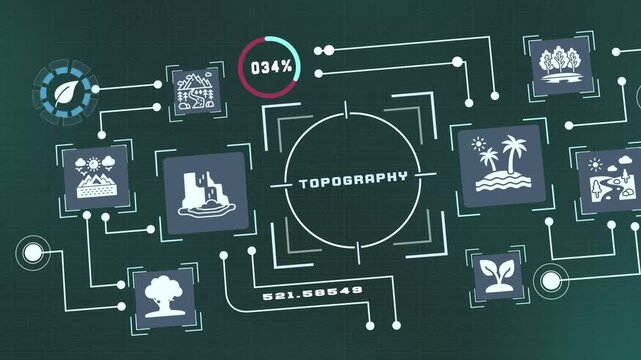 High tech digital interface presenting topographic terrain metrics and geographical elevation data.