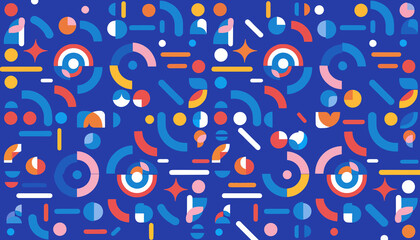 Abstract Geometric Pattern with Colorful Shapes and Confetti on Blue Background © Darul
