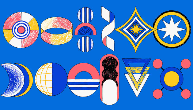 Abstract Geometric Shapes Collage on Blue Background - Modern Art Design