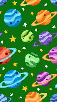 Pixel art planets and stars seamless pattern loop motion graphic, colorful space background for kids