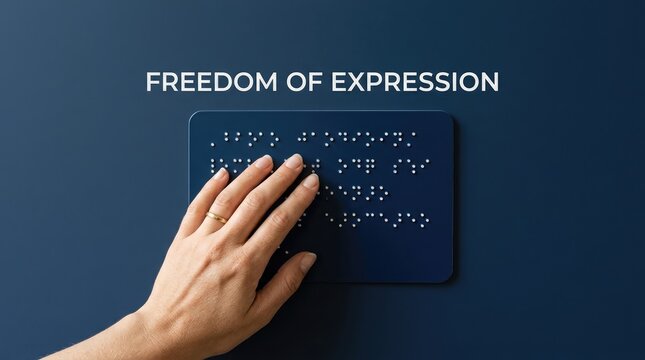 Hand touches raised braille dots on a dark blue background representing the concept of freedom expression