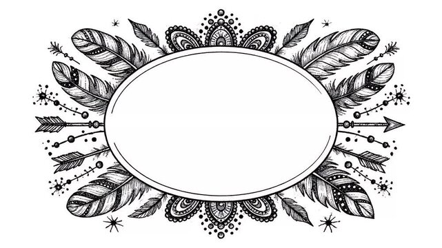 Bohemian tribal ornate oval frame with feathers and arrows, hand drawn decorative border for design elements, invitation cards, and scrapbooking