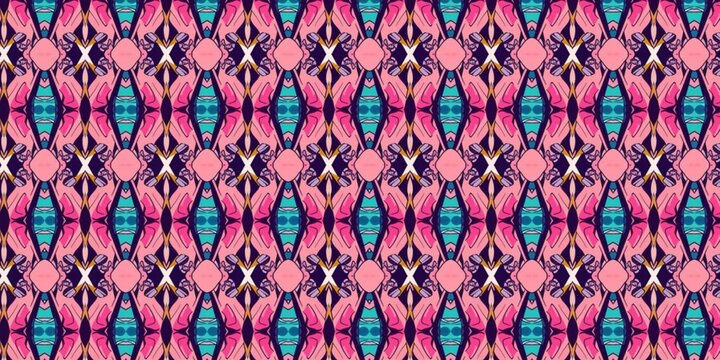 Vibrant geometric kaleidoscope seamless pattern in neon pink, cyan teal, and dark violet for bold textile design.