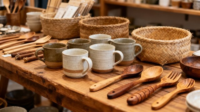 Independent retail display with ceramic pieces natural wood shelf local ret