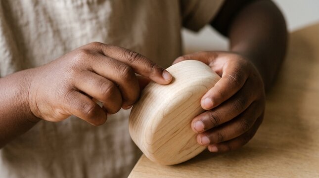 Close up of Black child's hands holding a smooth wooden toy, exploring its texture
