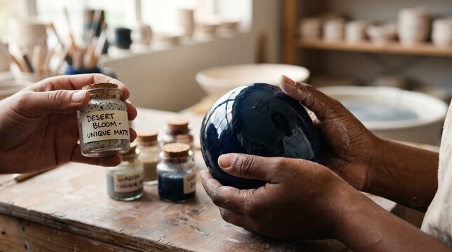 Hands holding ceramic glaze and finished dark blue egg shaped pottery in studio