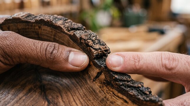Diverse hands examine rough bark on a polished wood slice, craftsmanship detail