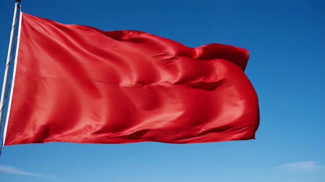 Red flag waving in blue sky, warning signal, caution, danger, alert, symbol of prohibition, no entry, beach safety, isolated on sky