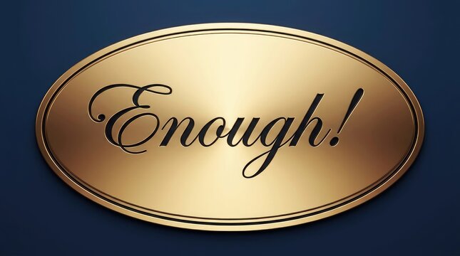 Polished golden oval plate featuring elegant calligraphic text enough set against a deep navy blue background