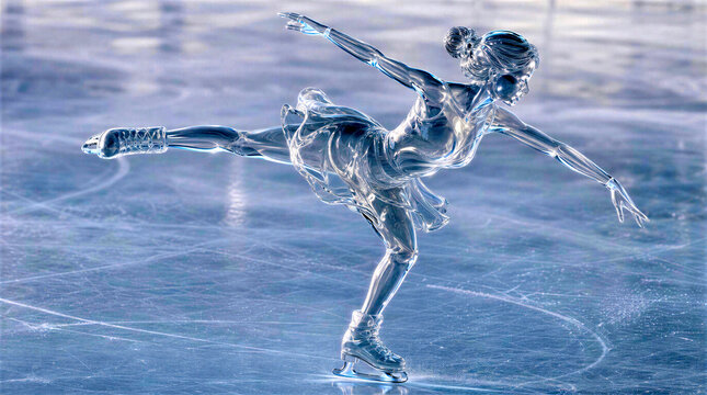 dynamic figure skater with a flowing dress and detailed ice skates, captured in an energetic gliding motion on ice, glass sculpture