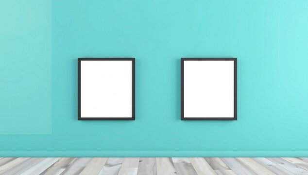 Two empty picture frames on blue wall