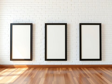 Three empty picture frames on white brick wall