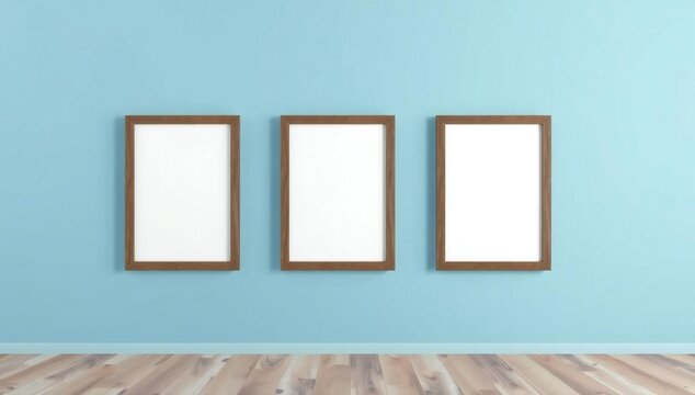 Three empty picture frames on a light blue wall