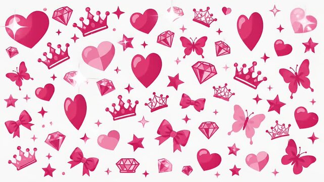 Pink hearts, crowns, butterflies, bows, and diamonds scattered and floating, motion graphic animation