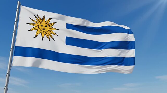 Waving Uruguayan flag with sun emblem against a bright blue sky, national symbol fluttering, perfect for travel and patriotic themes