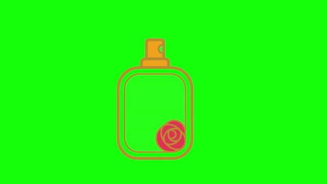 Animated perfume bottle icon spraying floral rose scent on green screen background