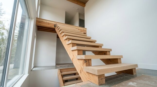 Contemporary wooden staircase assembly featuring floating treads and clean lines in bright spacious residential house entry.