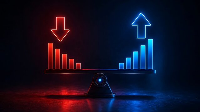 Financial market trends comparison concept with red declining and blue ascending bar charts on balance scale