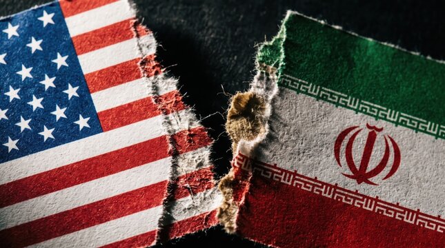 Torn paper fragments displaying national flags representing diplomatic tensions between two distinct sovereign global nations with flags placed side