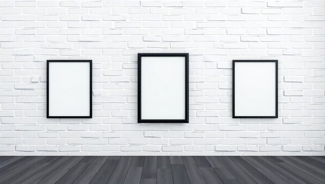 Three empty frames on white brick wall