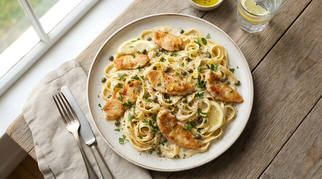 A delicious gourmet plate of flame-chicken piccata pasta served with a creamy lemon caper sauce on a rustic wooden table by a bright window setting