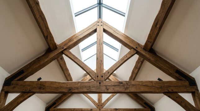 Rustic wooden ceiling beam structure featuring dark oak textures and glass skylights for modern farmhouse style home renovation.