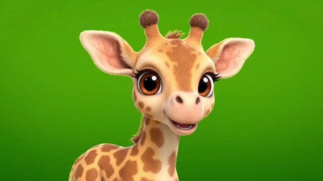 Cute Baby Giraffe Looking Around on Green Screen. 4K Video