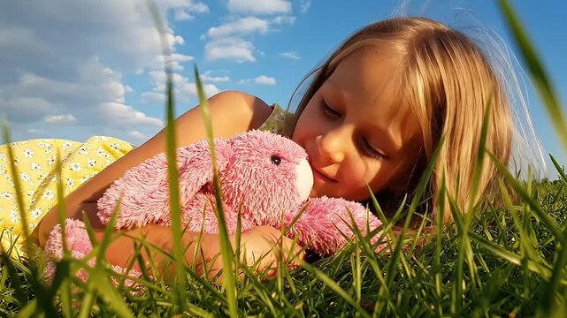 Girl lying in green grass with pink toy.