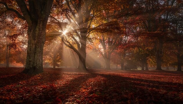 A serene autumn forest scene featuring golden sun rays shining through majestic trees, casting warm light on a ground covered with vibrant red fallen leaves. Perfect for nature backgrounds.