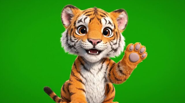 Cute Tiger Cub Waving Paw on Green Screen. 4K Video