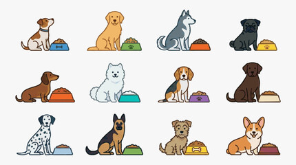 Fototapeta premium Vector illustration set of twelve diverse dog breeds including Golden Retriever, Husky, Pug, Beagle, and German Shepherd sitting beside colorful pet food bowls on a white background.