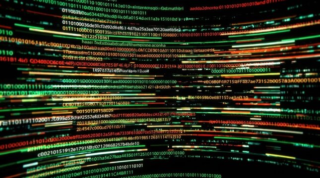 Abstract flowing binary computer code on dark background representing digital technology and cybersecurity