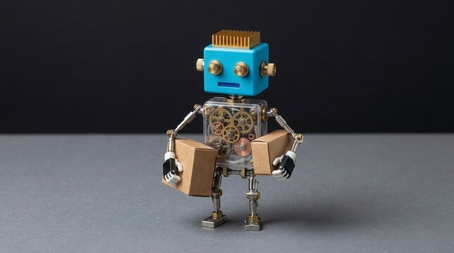 Retro robot carrying cardboard boxes on a gray surface with a dark background.
