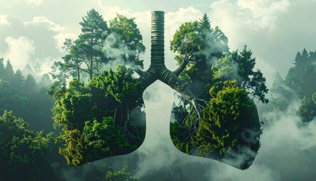 Green forest shaped like human lungs representing environmental preservation and the role of trees in providing fresh air for the planet