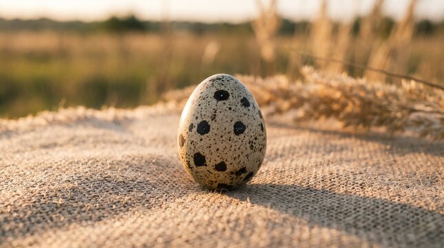 a single spotted quail egg resting on rustic burlap fabric illuminated by warm sunset golden hour lighting in a countryside field background