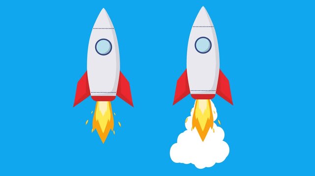 red and white rocket animation with two different effects on a transparent background, the first rocket animation has smoke and fire effects, and the second has fire effects, this looping animation