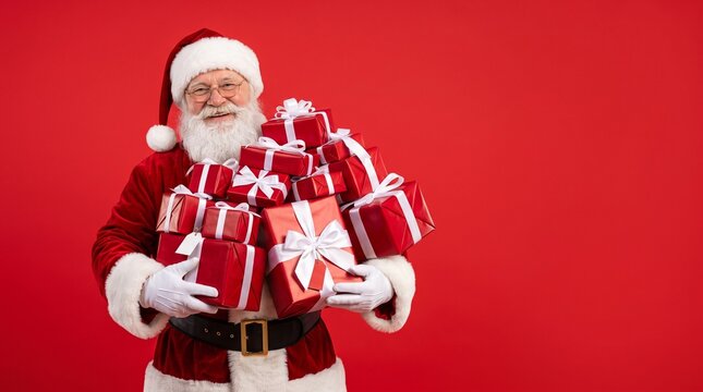 Santa Claus holding stack of red gifts against red background with copy space